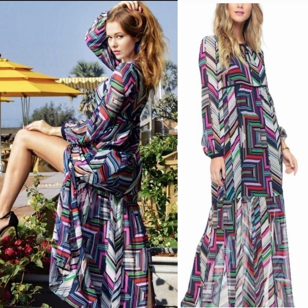 ​Juicy Couture Black Label Women's Maxi Dress Abstract Chevron Boho Long Slv XS